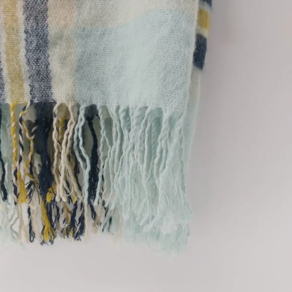 Steve Madden Fuzzy Scarf with Tassels Blue Navy Blue Aqua Yellow - Picture 5 of 10